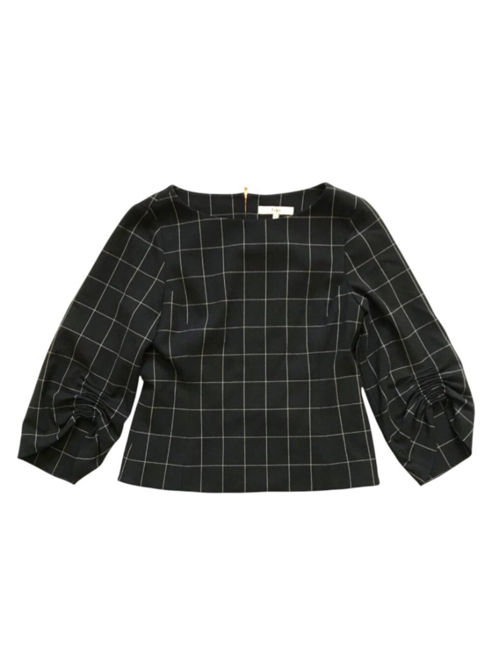 Tibi Windowpane Print Top Blouse Shirt Womens 6 Black Ruched Sleeve Crew Neck